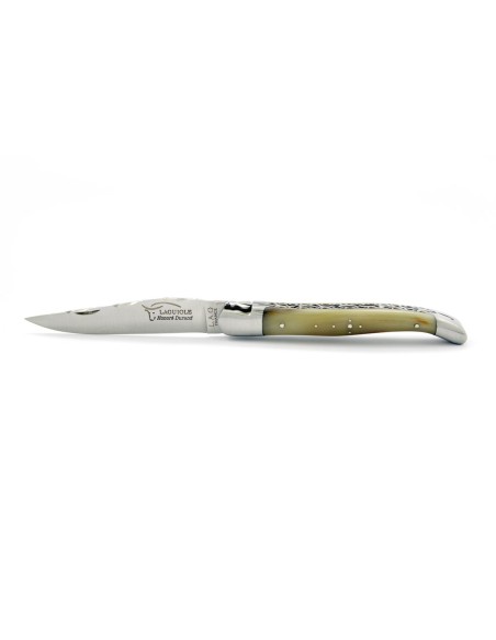 Laguiole pliant 12 cm, abeille forgée, doubles platines avec dos de lame entier ciselé, mitres inox mat, manche pointe de corne