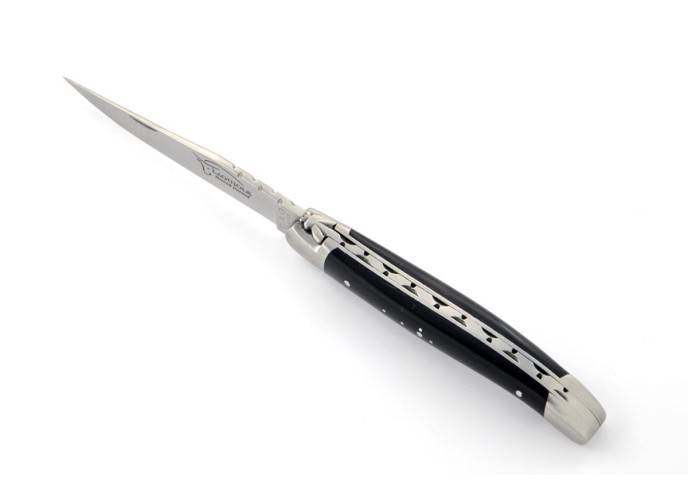 Laguiole pliant, 11 cm, abeille forgée, lame seule, manche en pointe de corne (foncée)