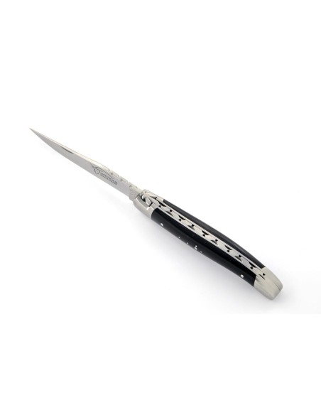 Laguiole pliant, 11 cm, abeille forgée, lame seule, manche en pointe de corne (foncée)