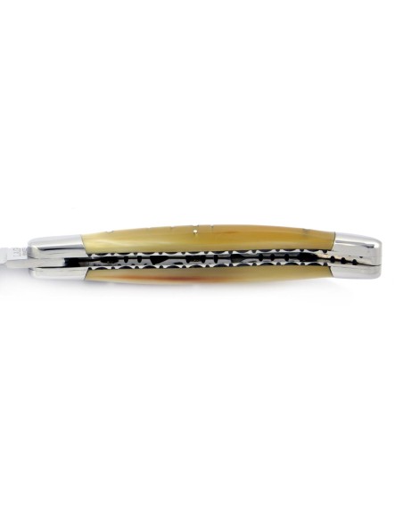 Laguiole pliant 11 cm, abeille forgée, lame seule, ciselé dessus-dessous, mitres inox brillant, manche pointe de corne (claire)