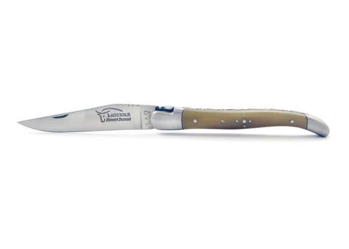 Laguiole pliant, 12 cm, abeille forgée, lame seule, mitres inox mat, manche pointe de corne (claire)