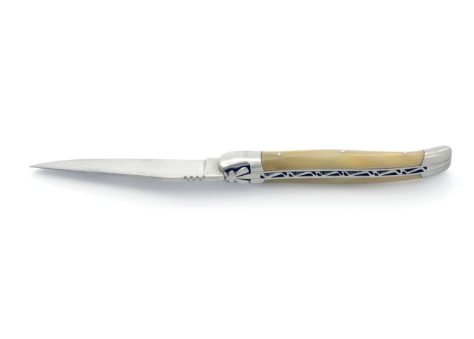 Laguiole pliant, 12 cm, abeille forgée, lame seule, mitres inox mat, manche pointe de corne (claire)