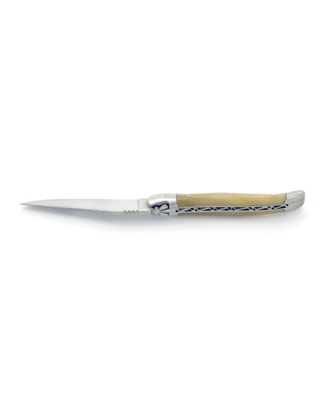 Laguiole pliant, 12 cm, abeille forgée, lame seule, mitres inox mat, manche pointe de corne (claire)