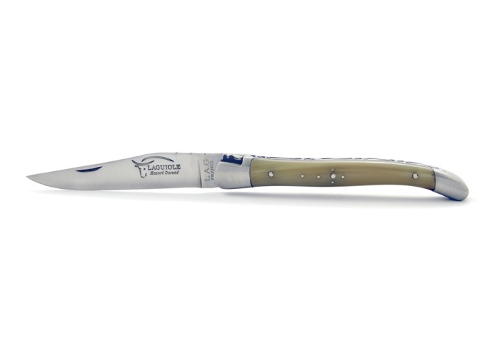 Laguiole pliant, 11 cm, manche en pointe de corne (claire), abeille forgée, lame seule