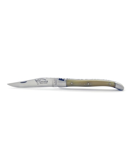 Laguiole pliant, 11 cm, manche en pointe de corne (claire), abeille forgée, lame seule