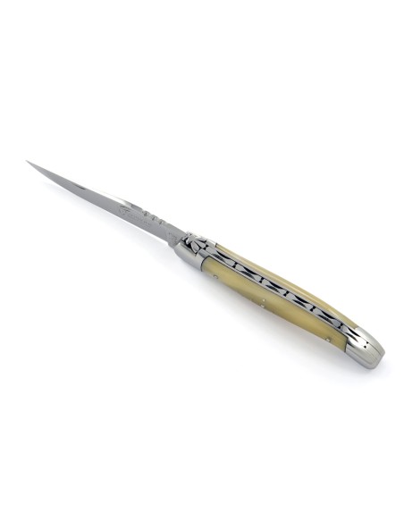 Laguiole pliant, 11 cm, manche en pointe de corne (claire), abeille forgée, lame seule