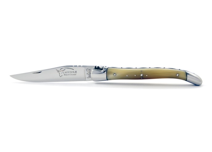 Laguiole pliant, 11 cm, manche en pointe de corne (claire), abeille forgée, lame seule
