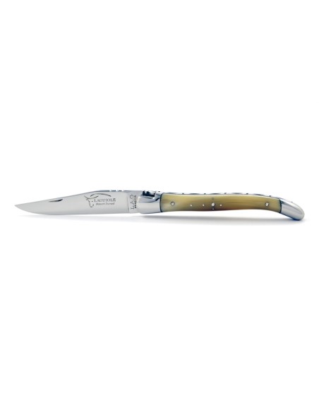 Laguiole pliant, 11 cm, manche en pointe de corne (claire), abeille forgée, lame seule