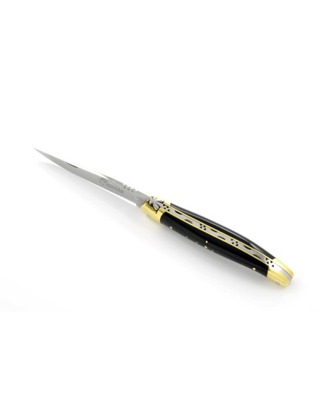 Laguiole pliant, 11 cm, abeille forgée, lame seule, mitres laiton, manche en pointe de corne (foncée)