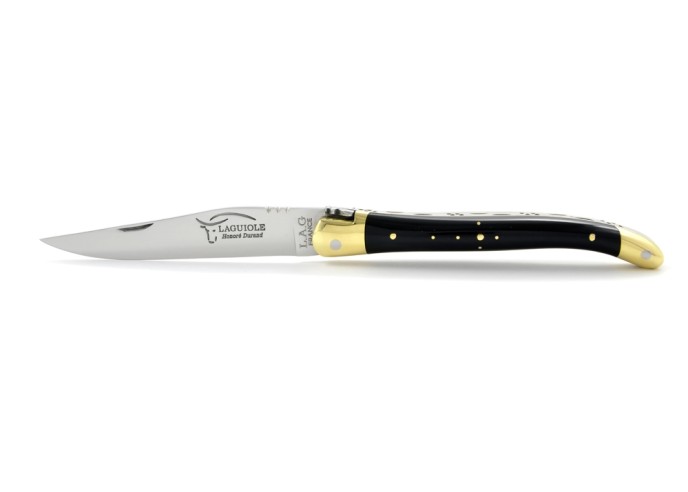 Laguiole pliant, 11 cm, abeille forgée, lame seule, mitres laiton, manche en pointe de corne (foncée)