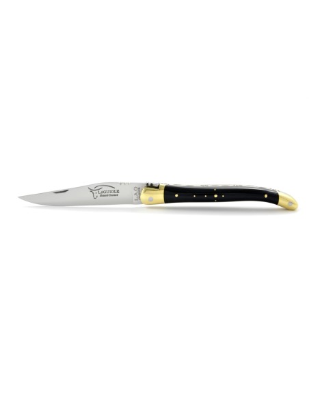 Laguiole pliant, 11 cm, abeille forgée, lame seule, mitres laiton, manche en pointe de corne (foncée)