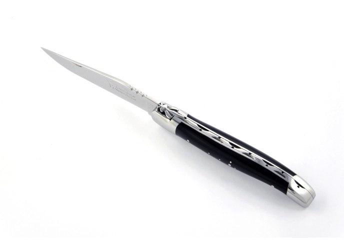 Laguiole pliant, 12 cm, abeille forgée, lame seule, mitres inox brillant, manche en pointe de corne (foncée)