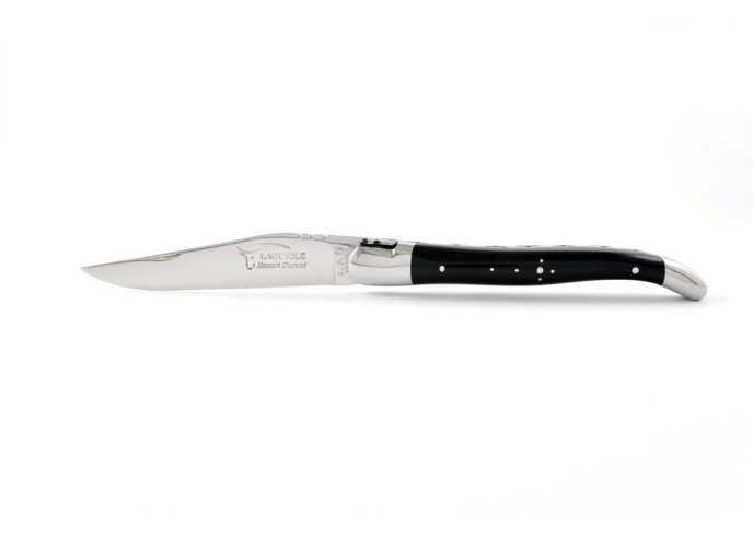 Laguiole pliant, 12 cm, abeille forgée, lame seule, mitres inox brillant, manche en pointe de corne (foncée)