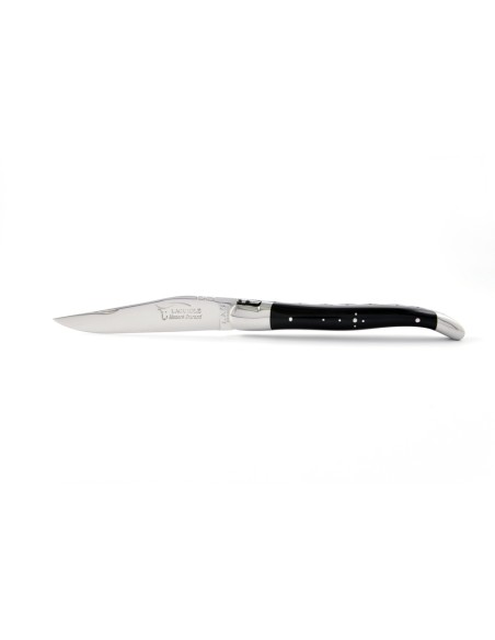Laguiole pliant, 12 cm, abeille forgée, lame seule, mitres inox brillant, manche en pointe de corne (foncée)
