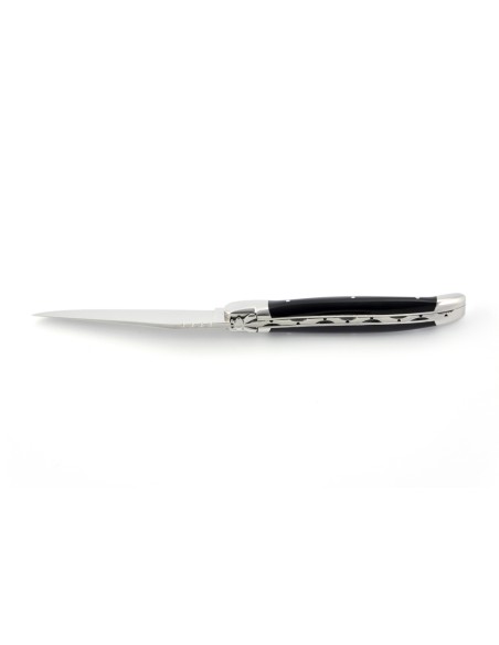 Laguiole pliant, 12 cm, abeille forgée, lame seule, mitres inox brillant, manche en pointe de corne (foncée)
