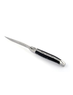 Laguiole pliant, 12 cm, abeille forgée, lame seule, mitres inox mat, manche en pointe de corne (foncée)