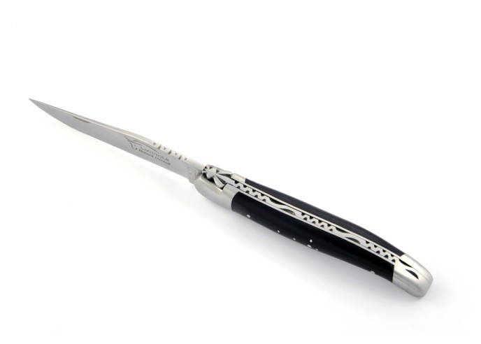 Laguiole pliant, 12 cm, abeille forgée, lame seule, mitres inox mat, manche en pointe de corne (foncée)