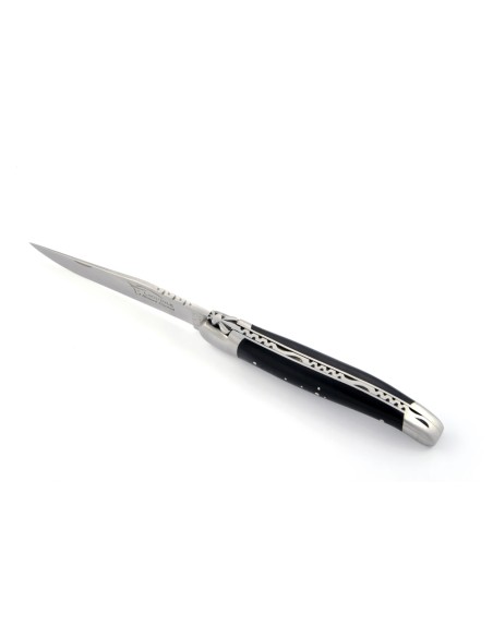 Laguiole pliant, 12 cm, abeille forgée, lame seule, mitres inox mat, manche en pointe de corne (foncée)