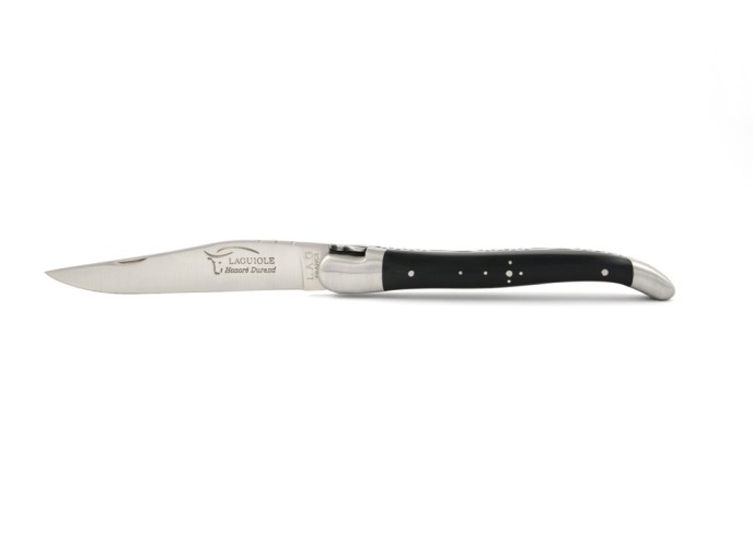 Laguiole pliant, 12 cm, abeille forgée, lame seule, mitres inox mat, manche en pointe de corne (foncée)