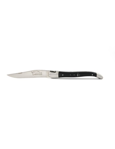 Laguiole pliant, 12 cm, abeille forgée, lame seule, mitres inox mat, manche en pointe de corne (foncée)