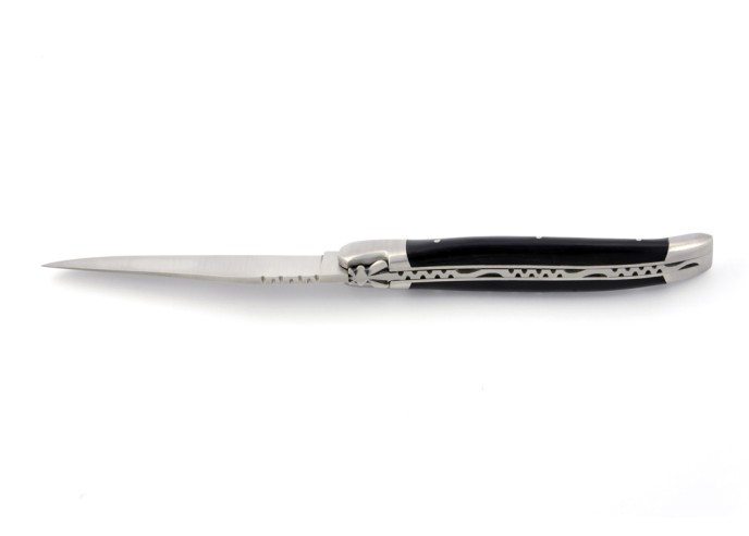 Laguiole pliant, 12 cm, abeille forgée, lame seule, mitres inox mat, manche en pointe de corne (foncée)