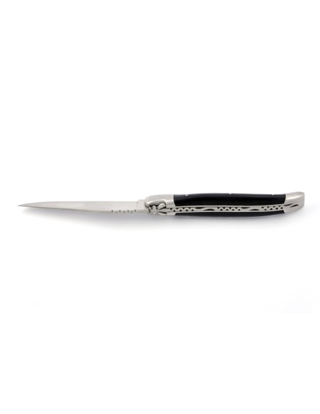 Laguiole pliant, 12 cm, abeille forgée, lame seule, mitres inox mat, manche en pointe de corne (foncée)