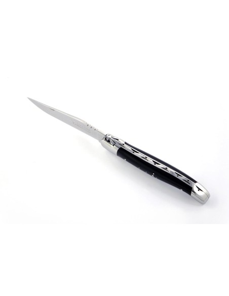 Laguiole pliant, 11 cm, abeille forgée, lame seule, mitres inox brillant, manche en pointe de corne (foncée)