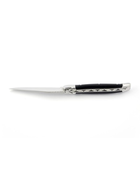 Laguiole pliant, 11 cm, abeille forgée, lame seule, mitres inox brillant, manche en pointe de corne (foncée)