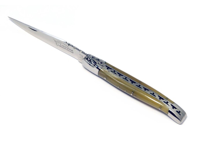 Laguiole pliant, 12 cm, abeille forgée, lame seule, mitres inox brillant, manche pointe de corne (claire)