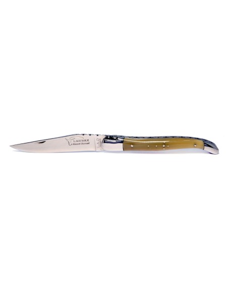 Laguiole pliant, 12 cm, abeille forgée, lame seule, mitres inox brillant, manche pointe de corne (claire)