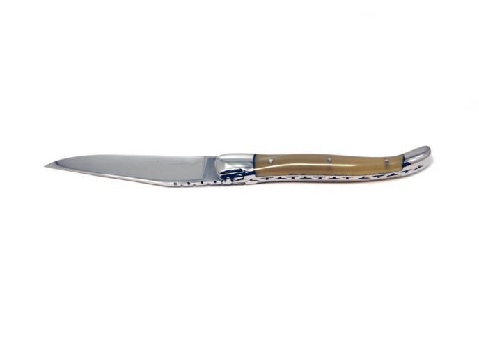Laguiole pliant, 12 cm, abeille forgée, lame seule, mitres inox brillant, manche pointe de corne (claire)