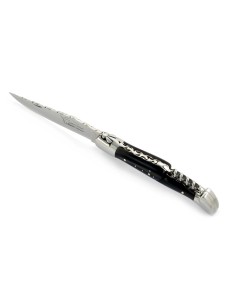 Laguiole pliant 12 cm, lame & tire-bouchon, ciselé dessus dessous,  mitres inox brillant, manche pointe de corne (foncée)