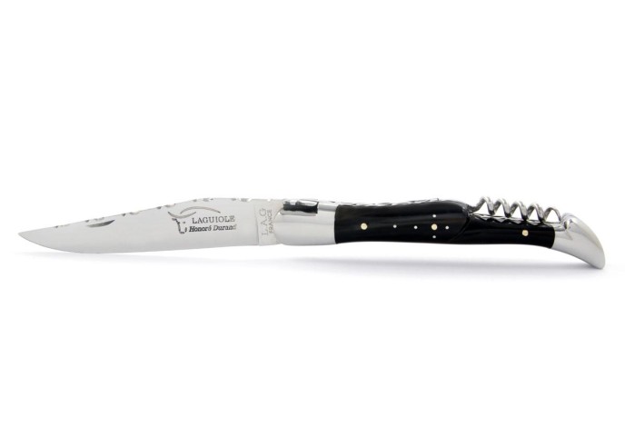 Laguiole pliant 12 cm, lame & tire-bouchon, ciselé dessus dessous,  mitres inox brillant, manche pointe de corne (foncée)