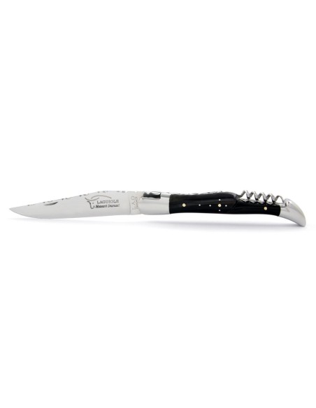 Laguiole pliant 12 cm, lame & tire-bouchon, ciselé dessus dessous,  mitres inox brillant, manche pointe de corne (foncée)