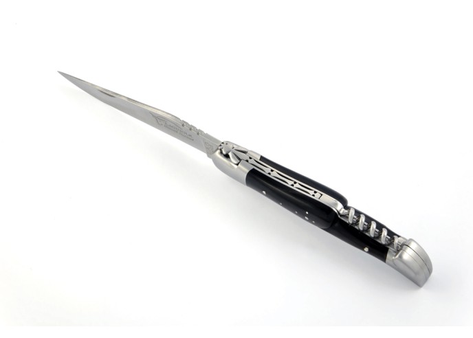 Laguiole pliant, 12 cm, abeille forgée, lame & tire-bouchon, manche pointe de corne (foncée)