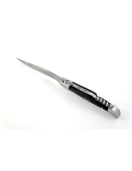 Laguiole pliant, 12 cm, abeille forgée, lame & tire-bouchon, manche pointe de corne (foncée)