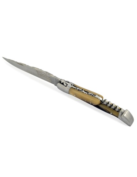 Laguiole pliant 12 cm, lame & tire-bouchon, ciselé dessus-dessous, mitres inox mat, pointe de corne claire