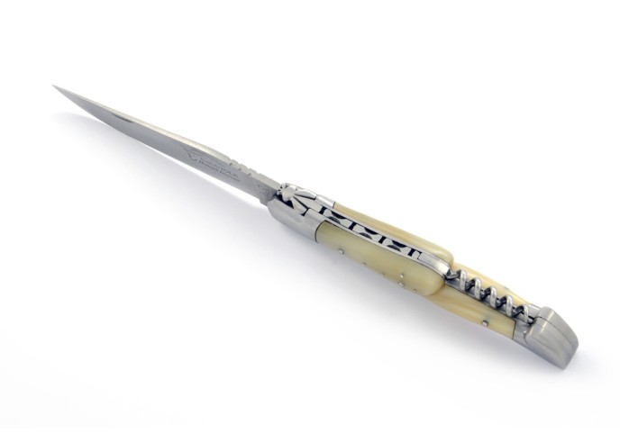 Laguiole pliant, 12 cm, abeille forgée, lame & tire-bouchon, mitres inox mat, manche pointe de corne