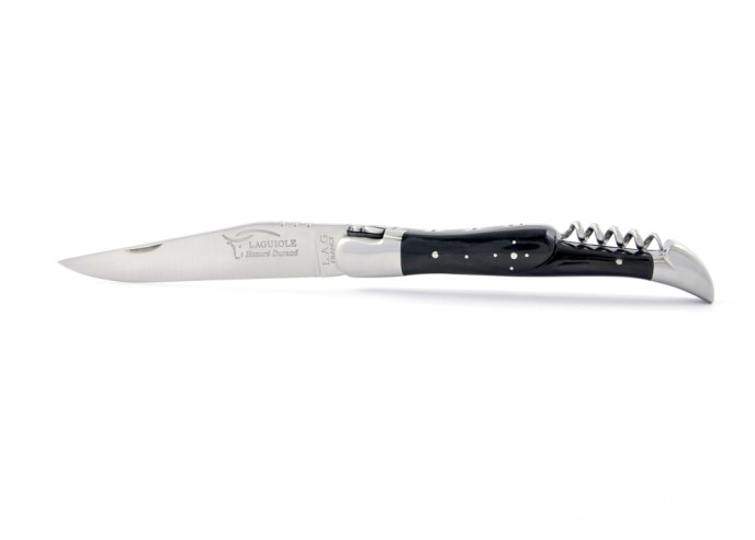 Laguiole pliant, 12 cm, abeille forgée, lame & tire-bouchon, manche pointe de corne (foncée)
