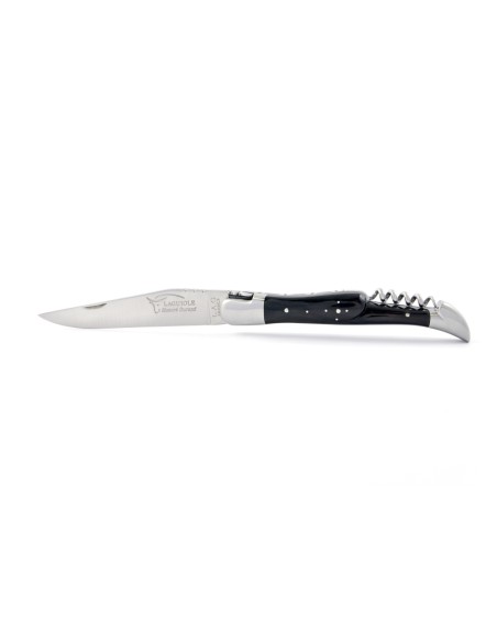 Laguiole pliant, 12 cm, abeille forgée, lame & tire-bouchon, manche pointe de corne (foncée)