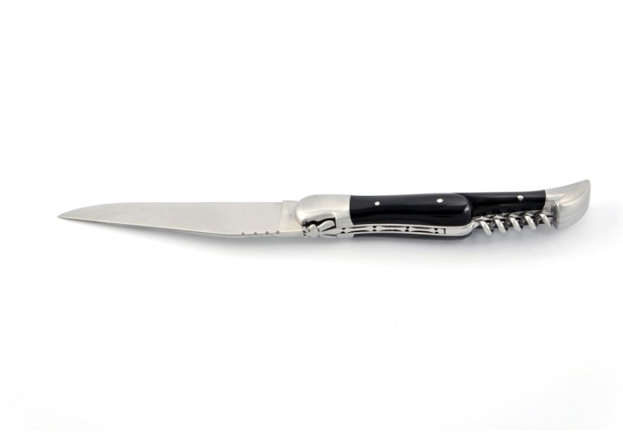 Laguiole pliant, 12 cm, abeille forgée, lame & tire-bouchon, manche pointe de corne (foncée)