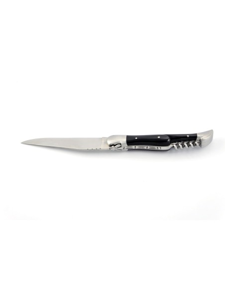Laguiole pliant, 12 cm, abeille forgée, lame & tire-bouchon, manche pointe de corne (foncée)