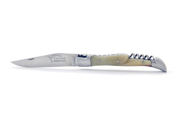 Laguiole pliant, 12 cm, abeille forgée, lame & tire-bouchon, mitres inox mat, manche pointe de corne