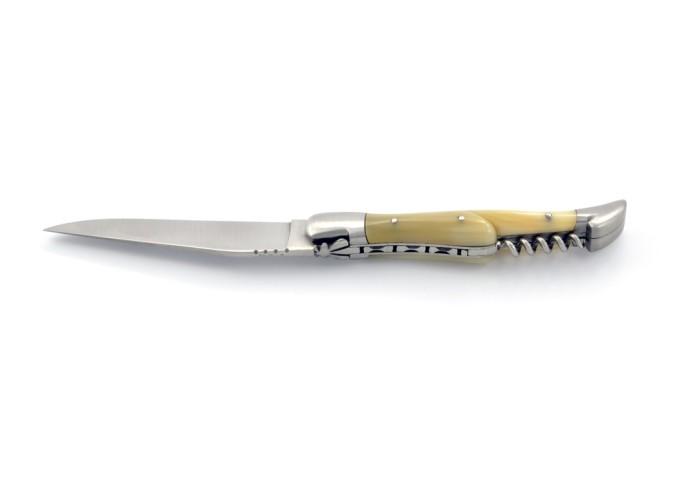 Laguiole pliant, 12 cm, abeille forgée, lame & tire-bouchon, mitres inox mat, manche pointe de corne