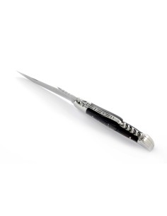Laguiole pliant, 12 cm, abeille forgée, lame & tire-bouchon, mitres inox brillant, manche pointe de corne (foncée)