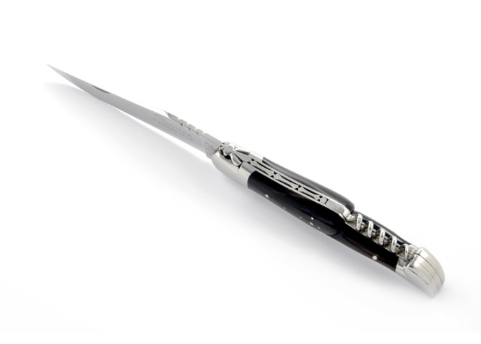 Laguiole pliant, 12 cm, abeille forgée, lame & tire-bouchon, mitres inox brillant, manche pointe de corne (foncée)
