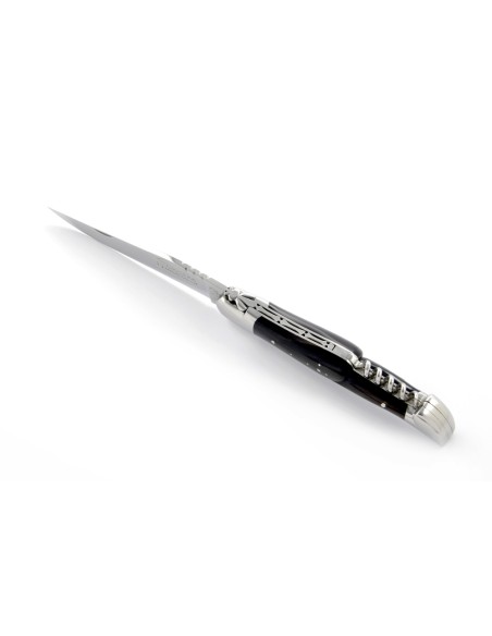 Laguiole pliant, 12 cm, abeille forgée, lame & tire-bouchon, mitres inox brillant, manche pointe de corne (foncée)