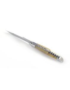 Laguiole pliant, 12 cm, abeille forgée, lame & tire-bouchon, mitres inox brillant, manche pointe de corne