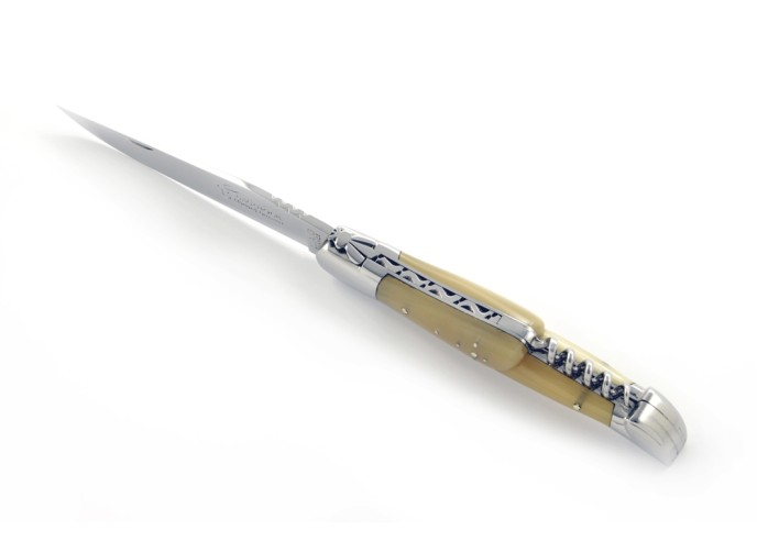 Laguiole pliant, 12 cm, abeille forgée, lame & tire-bouchon, mitres inox brillant, manche pointe de corne