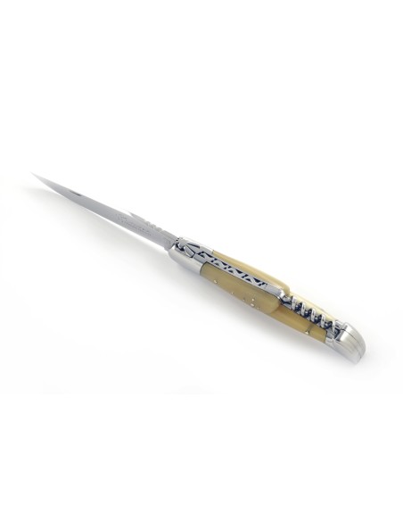 Laguiole pliant, 12 cm, abeille forgée, lame & tire-bouchon, mitres inox brillant, manche pointe de corne